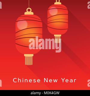 Das chinesische Neujahr Grußkarte, Einladung mit hängenden roten Laternen. Asian Party Dekoration. Vector Illustration Hintergrund, modernes Design mit langen Schatten. Stock Vektor