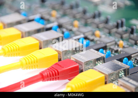 Makro close-up RJ45-Stecker rot und gelb. Schließen Sie die Platine. Konzentrieren Sie sich auf die roten Stecker. Stockfoto