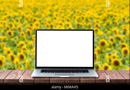 Modernen Laptop mit leeren weißen Bildschirm auf hölzernen Tisch gegen verwackelte Sonnenblumen Feld Hintergrund Stockfoto