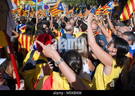 Eine Million Katalanen März für Unabhängigkeit am 11. September 2017 in Barcelona, Katalonien, Spanien Stockfoto