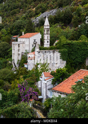 Alte Gebäude aus Stein auf einem Hügel, der von Bäumen und Pflanzen umgeben ist; Montenegro Stockfoto