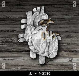 Herzkrankheit und Herz-Kreislauf-Erkrankungen oder Krebs, koronare Herzerkrankungen als menschliches Blut pumpt Orgel aus Papier verbrannt wird. Stockfoto