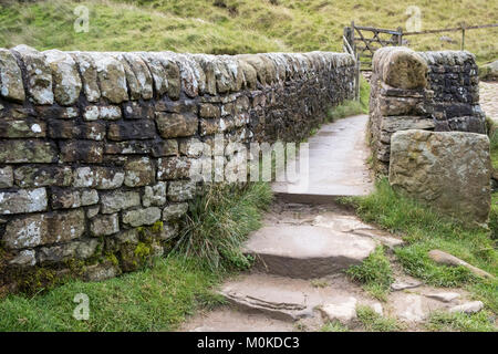 Enge, steinerne Fußgängerbrücke über den Fluss Noe in das Tal von Alfreton, Derbyshire, Peak District National Park, England, Großbritannien Stockfoto