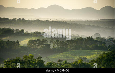 Blick über das Tal von Vinales in Kuba. Morgen in der Dämmerung und Nebel. Nebel im Morgengrauen im Tal von Vinales in Pinar del Rio, Stockfoto