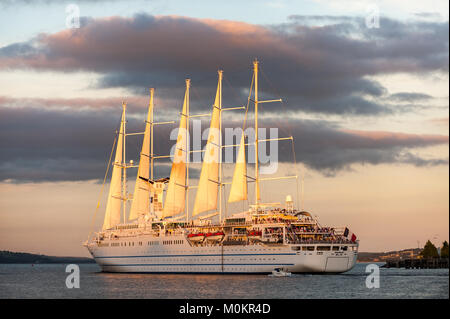 Staysail Schooner "Club Med 2 ' Segel durch Cobh, County Cork, Irland unter die untergehende Sonne auf dem Weg zu ihrem nächsten Ziel zu kopieren. Stockfoto