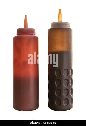 Ein Paar von Squeezy Flaschen für Ketchup und Braune Soße (Schottische Chippy Sauce) Stockfoto