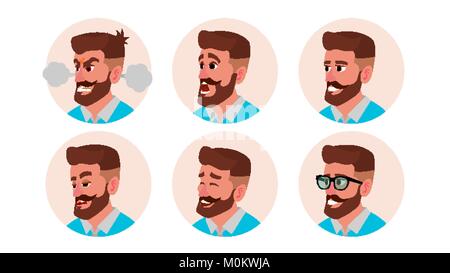 Charakter Geschäftsleute Avatar Vektor. Bärtiger Mann Gesicht, Emotionen. Kreative Standard Avatar Platzhalter. Cartoon, Comic isoliert Abbildung Stock Vektor
