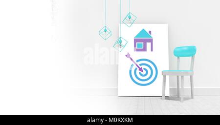 Business Target und Pfeil mit Symbol House auf dem Whiteboard mit Stuhl Stockfoto