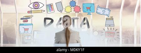 Frau sitzt auf Daten doodle Stockfoto