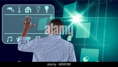 Mann berührt Schnittstelle in die digitale Domäne Hintergrund Stockfoto