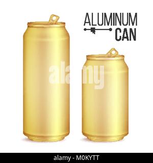 3d-Dosen Set Vektor. Gold, Gelb Can. Bier, Pils, Alkohol, Soft Drink, Soda. 500 und 300 ml. Auf weissem Hintergrund Abbildung isoliert Stock Vektor