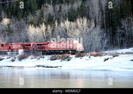 Canadian Pacific Cargo (Güterverkehr) Zug bewegt sich entlang des Bow River in Calgary (Alberta, Kanada) im Ende März, da Schnee und Eis Start zu mir Stockfoto