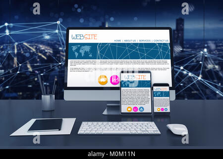 Reaktionsschnelle website auf verschiedenen Geräten, Laptop, Computer und Smartphone. 3D-Rendering Stockfoto