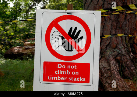 Gesundheit und Warnschild Warnung vor der Gefahr des Kletterns auf Stapel von neu Schnittholz Stockfoto