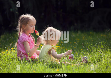 Zwei Kinder genießen Eis am Stiel, im Sitzen in Langen, Sommer Gras Stockfoto