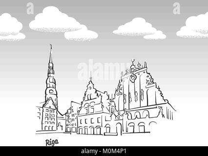 Riga, Lettland Wahrzeichen Skizze. Lineart Zeichnung von Hand. Grußkarte Symbol mit Titel, Vektor, Abbildung Stock Vektor