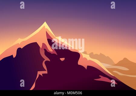Sonnenuntergang Berglandschaft. Bergige Gelände. Mountain Design. Vektor Silhouetten der Berge Hintergründe. Sonnenuntergang. Kann für Banner, Flyer, B verwendet werden. Stock Vektor