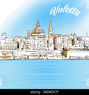 Farbige Skizze von Valletta, Malta. Hand Vector Illustration mit modernen Schlagzeile gezeichnet. Verwenden Sie für die Grußkarte und Travel Marketing. Stock Vektor