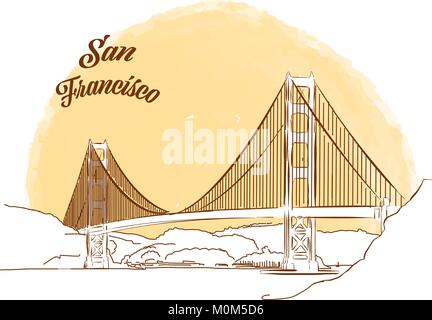 Skizze der Golden Gate Bridge. Hand Vector Illustration mit modernen Schlagzeile gezeichnet. Verwenden Sie für die Grußkarte und Travel Marketing. Stock Vektor