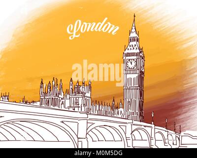 Skizze des Big Ben in London. Hand Vector Illustration mit modernen Schlagzeile gezeichnet. Verwenden Sie für die Grußkarte und Travel Marketing. Stock Vektor