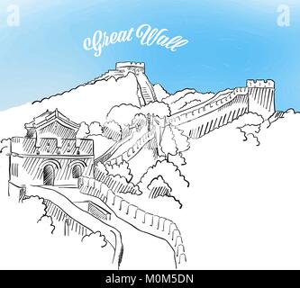 Skizze der Großen Mauer in China. Hand Vector Illustration mit modernen Schlagzeile gezeichnet. Verwenden Sie für die Grußkarte und Travel Marketing. Stock Vektor