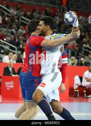 (C) LAURENT LAIRYS/LEMOUSTICPRODUCTION/MAXPPP-à ZAGREB LE 22-01-2018 - CHAMPIONNAT D'EUROPE (MATCH DE POULE) EQUIPE DE SERBIE VS EQUIPE DE FRANCE-ADRIEN DIPANDA Stockfoto