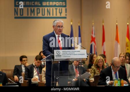 Paris, Frankreich. 23. Januar, 2018. Us-Staatssekretär Rex Tillerson liefert Erläuterungen an die Internationale Partnerschaft gegen die Straffreiheit für den Einsatz chemischer Waffen Konferenz Januar 23, 2018 in Paris, Frankreich. Credit: Planetpix/Alamy leben Nachrichten Stockfoto