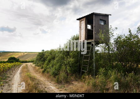 Holz- jäger Hochsitz auf Feld mit bewölktem Himmel verbergen Stockfoto