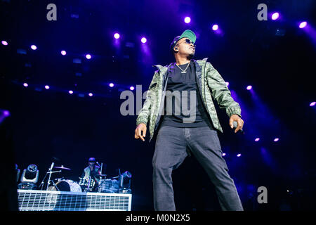 Der amerikanische Rapper und Lyriker Nas führt ein Live Konzert während der dänischen Musik Festival Roskilde Festival 2017. Dänemark, 30.06.2017. Stockfoto