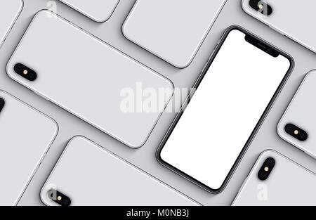 Ähnlich wie das iPhone X Smartphones mockup Draufsicht Abwicklung legen. Neue rahmenlose smartphone Rückseite und Vorderseite mockup. Stockfoto