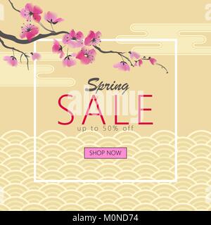 Feder saisonale sakura Blume golden japanischen Banner. Asiatische koreanische orientalische Ornament wave Pink Blossom Werbemittel web Hintergrund template vector Aquarell Abbildung Stock Vektor