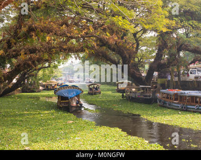 Trivandrum, Kerala, Indien. 01/01/2018. Boote in den Backwaters. Einer der besten Orte, um die natürliche Schönheit von Kerala zu erfahren ist, Allepey. Stockfoto
