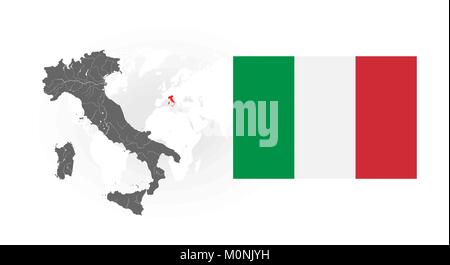 Karte von Italien mit Seen und Flüssen, Italien: Lage auf der Weltkarte und Nationalflagge von der Italienischen Republik. Flag hat die richtige Gestaltung, Proportion und Stock Vektor
