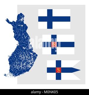Sehr detaillierte Karte von Finnland mit Seen und Flüssen und drei finnische Flagge Nationalflagge (zivile Flagge und Stern, Rechteck), das Banner (State f Stock Vektor