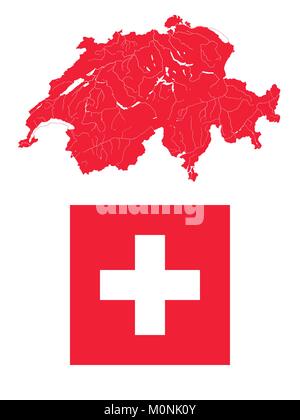 Natoinal Flagge der Schweiz und sehr detaillierte Übersicht Karte der Schweiz in den Farben der Schweizer Flagge. Design und Farben der Flagge korrekt sind. Flüsse ein Stock Vektor