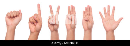 Männliche hand Gesten und Zeichen Sammlung auf weißem Hintergrund mit Freistellungspfad isoliert. Stockfoto
