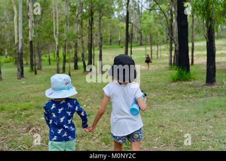 Kinder halten sich an den Händen, während entlang einem Feldweg in einem Feld zwischen einem Wald, Herveys reichen Erbe Teestuben, Queensland, Australien Stockfoto