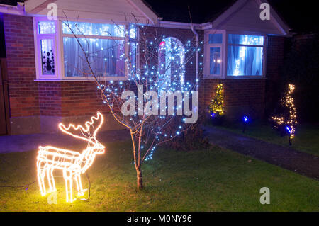White Christmas lights und eine beleuchtete elektrischen Rentier schmücken einen Baum und Garten s-Bungalow. Weymouth, England, Vereinigtes Königreich Stockfoto