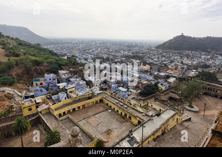 Die blaue Stadt von Bundi, von der Bundi Palace, Rajasthan, Indien Stockfoto