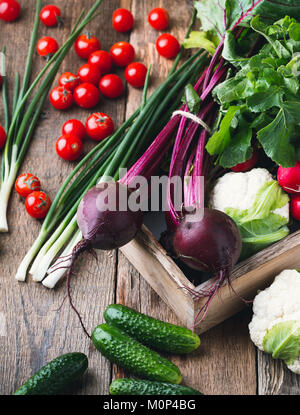 Gemüseanbau. Ernte noch leben. Zusammensetzung von Lebensmitteln, die von frischen Bio rote Bete, Gurken, Blumenkohl und rudishes auf rustikalen Holztisch Stockfoto