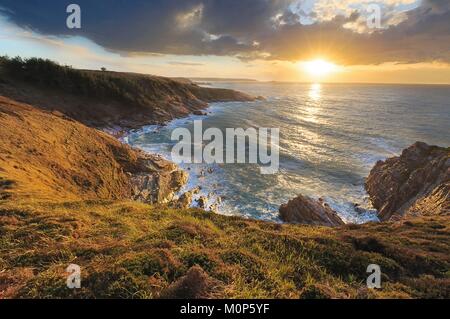 Frankreich, Cotes d'Armor, Cap Frehel, Ziege, Bucht, Sonnenuntergang bei Flut Stockfoto