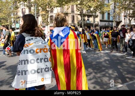 Spanien, Katalonien, Barcelona, Referendum am 1. Oktober 2017,28 th September, Demonstration auf der Gran Via Avenue, Studierende im Streik Stockfoto