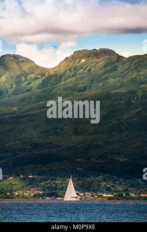 Frankreich, Guadeloupe, Basse-Terre, Saint-Claude, Ansicht von Gosier Petit Cul-de-Sac Marin und La Soufrière, die den Spitznamen vié madanm in Skipper Guadeloupe's Creole oder die alte Dame in Französisch, ist ein aktiver Vulkan in den National Park. Nur aktive Vulkan auf der Insel, die derzeit die eruptive Ruhezustand, es ist Teil einer vulkanischen Ensemble von Carmichael Vulkane, Nase gebrochen, Scale, Zisterne und der Madeleine. Dies ist einer der neun aktive Vulkane der Kleinen Antillen. Stockfoto