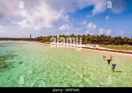 Frankreich, Karibik, Kleine Antillen, Petite Terre National Nature Reserve, ausschiffung einer Gruppe von Touristen aus Ihrem Boot festgebunden an eine Boje der Reserve, am Hauptstrand von Terre-de-Bas, die Emblematischen Leuchtturm im Hintergrund Stockfoto