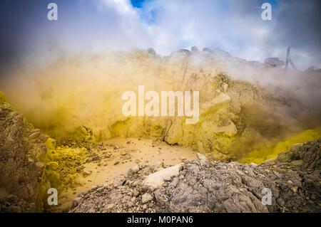 Frankreich, Guadeloupe, Basse-Terre, Saint-Claude, La Soufrière, außergewöhnliche Sicht einer eruptiven Mund gesäumt mit nativen Schwefel an der Spitze des Vulkans (1467 m) im Süden Krater in der Regel für die Öffentlichkeit geschlossen wegen der Bedingungen, besonders unwirtliche (in den Wolken fast alle des Jahres, starke kalte Winde, schalten Boden, giftigen Dämpfe von Schwefelwasserstoff und Salzsäure). Den Spitznamen vié madanm in Skipper Guadeloupe's Creole oder die alte Dame in Französisch, La Soufrière ist ein aktiver Vulkan in den National Park. Stockfoto