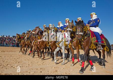 Tunesien, Douz, Sahara, internationales Festival der Sahara in Douz, traditionelle Equestrian zeigt Fantasia Stockfoto