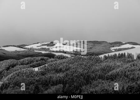 Malerische monochrome Winter Panorama der verschneiten Misty ländliche Landschaft Landschaft mit Bäumen, Wald, Hügel, landwirtschaftliche Gebäude, Felder und Täler Stockfoto