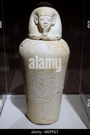 Canopic jar von Userhat, Ägypten, Tal der Könige, Grab KV 45, Dynastie 18, regiert von Thutmosis III., Amenophis III, 1400-1352 v. Chr., Kalkstein - Harvard Semitic Museum - Cambridge, MA-DSC 06219 Stockfoto