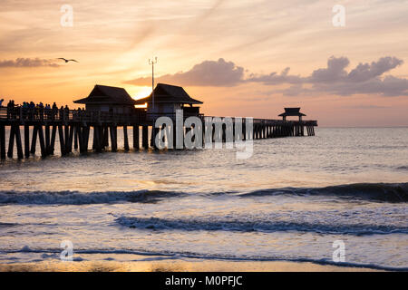 Moody abends über die Fishing Pier und Gulf Coast in Naples, Florida, USA Stockfoto