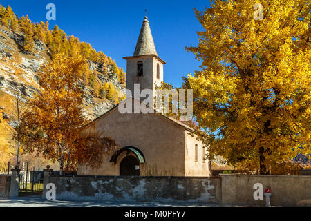 Laurentius Kirche in Sils Segla Kanton Graubünden, Engadin, Schweiz, Europa. Stockfoto